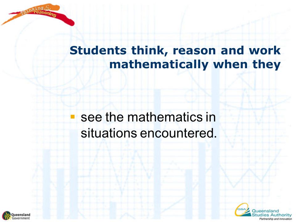 Students think, reason and work mathematically when they  see the mathematics in situations encountered.