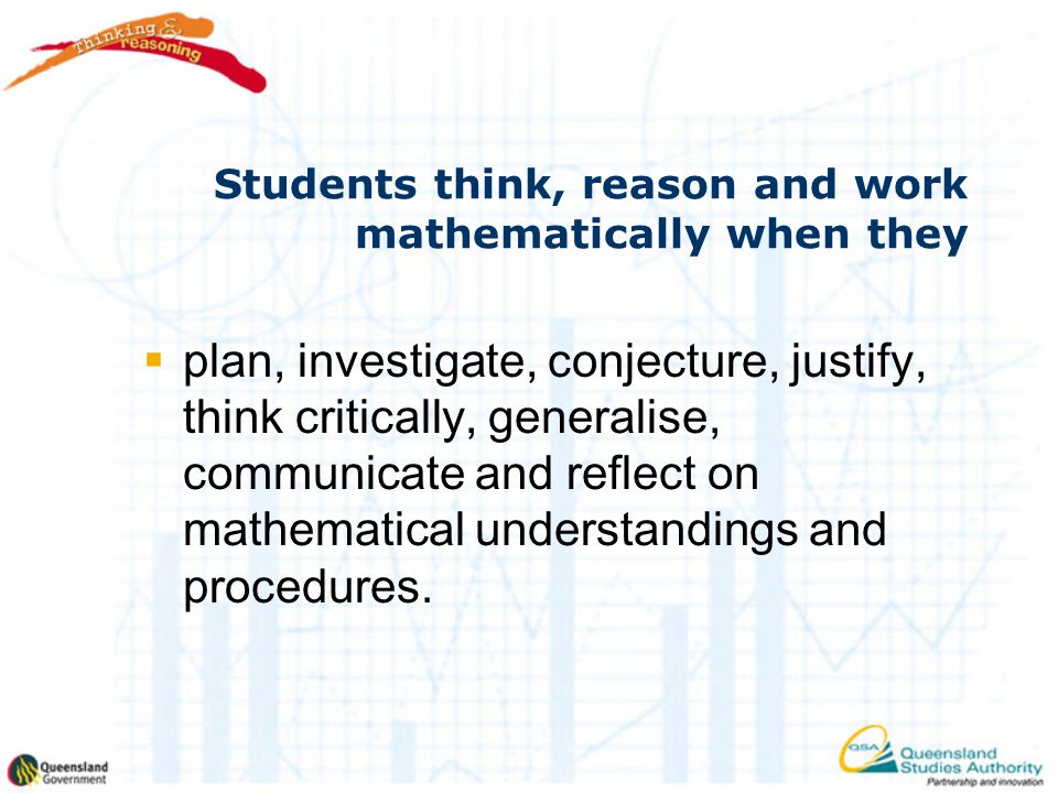 Students think, reason and work mathematically when they  plan, investigate, conjecture, justify, think critically, generalise, communicate and reflect on mathematical understandings and procedures.