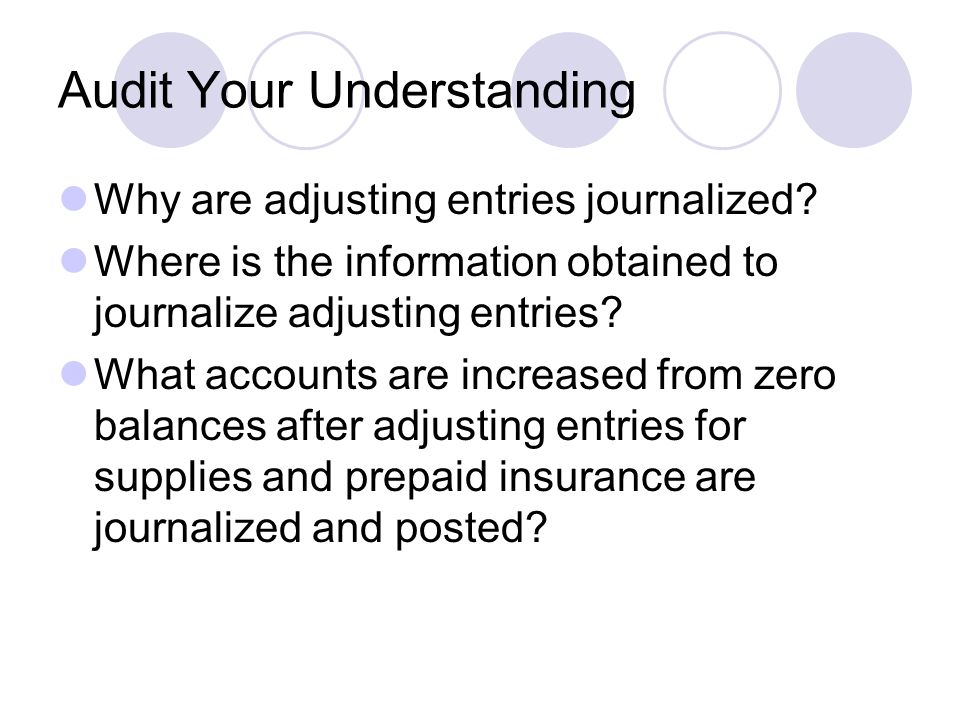 Audit Your Understanding Why are adjusting entries journalized.