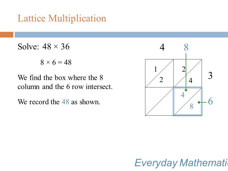Lattice Multiplication Solve: 48 × 36 4 × 3 = 12 We find the box where the 4 column and the 3 row intersect.