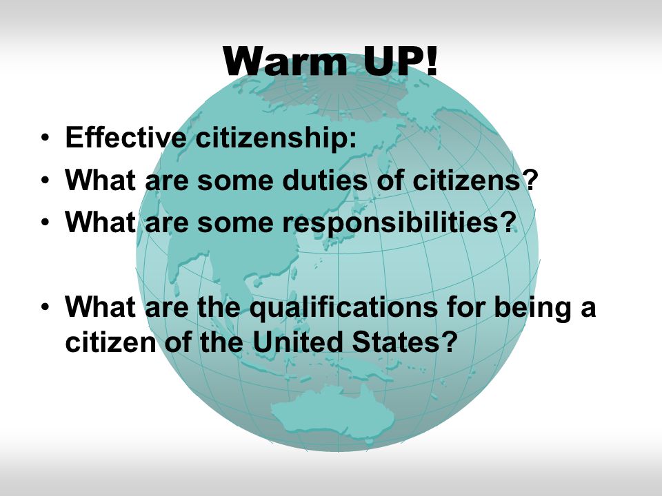 Warm UP. Effective citizenship: What are some duties of citizens.