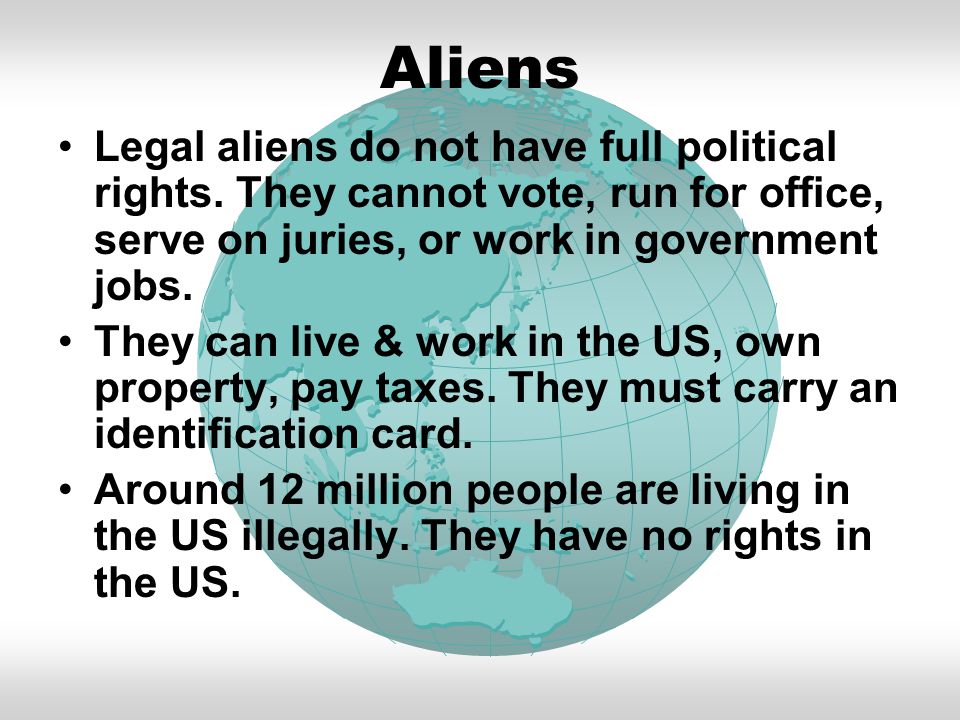 Aliens Legal aliens do not have full political rights.
