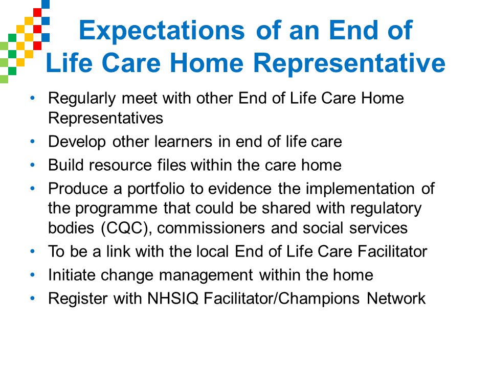 Expectations of an End of Life Care Home Representative Regularly meet with other End of Life Care Home Representatives Develop other learners in end of life care Build resource files within the care home Produce a portfolio to evidence the implementation of the programme that could be shared with regulatory bodies (CQC), commissioners and social services To be a link with the local End of Life Care Facilitator Initiate change management within the home Register with NHSIQ Facilitator/Champions Network