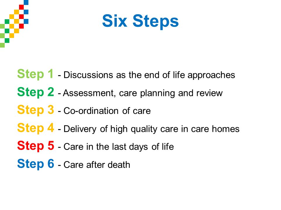 Six Steps Step 1 - Discussions as the end of life approaches Step 2 - Assessment, care planning and review Step 3 - Co-ordination of care Step 4 - Delivery of high quality care in care homes Step 5 - Care in the last days of life Step 6 - Care after death