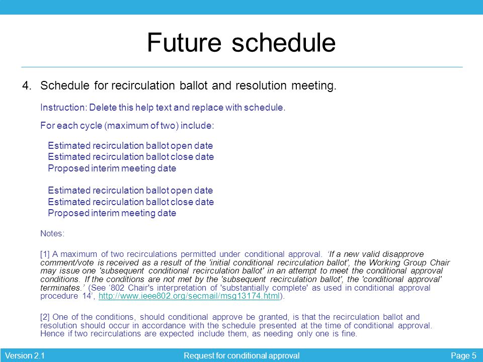 Page 5Version 2.1 Future schedule 4.Schedule for recirculation ballot and resolution meeting.