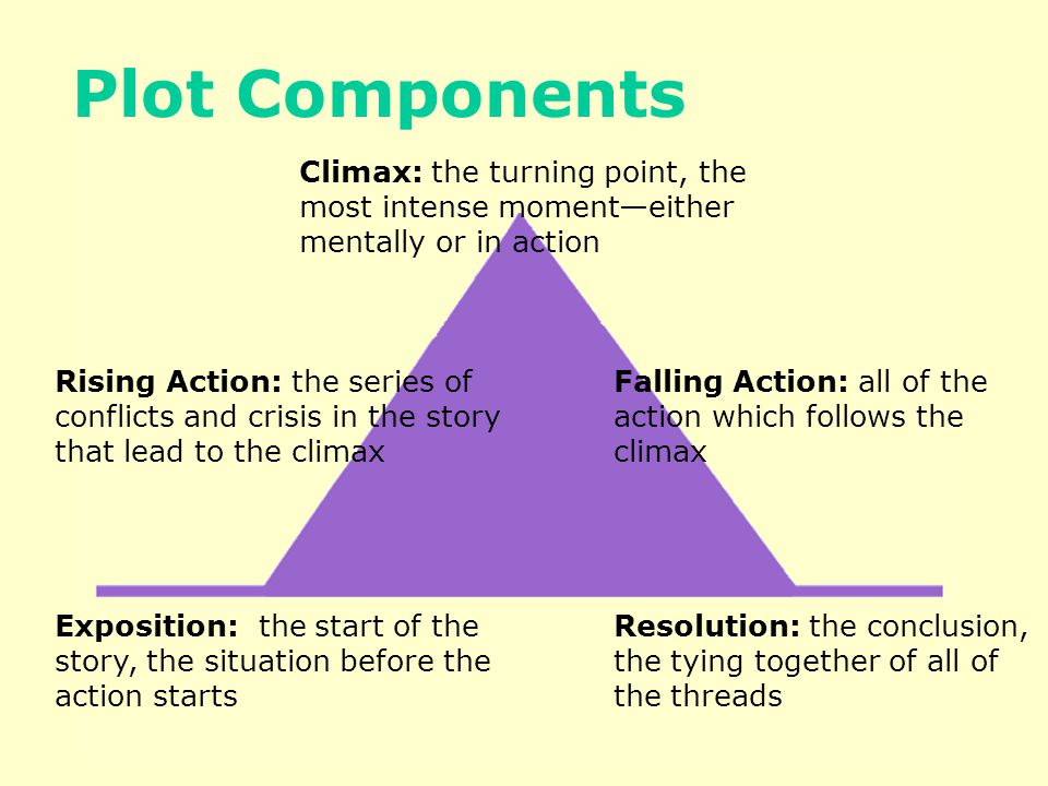 Plot Components Exposition: the start of the story, the situation before the action starts Rising Action: the series of conflicts and crisis in the story that lead to the climax Climax: the turning point, the most intense moment—either mentally or in action Falling Action: all of the action which follows the climax Resolution: the conclusion, the tying together of all of the threads