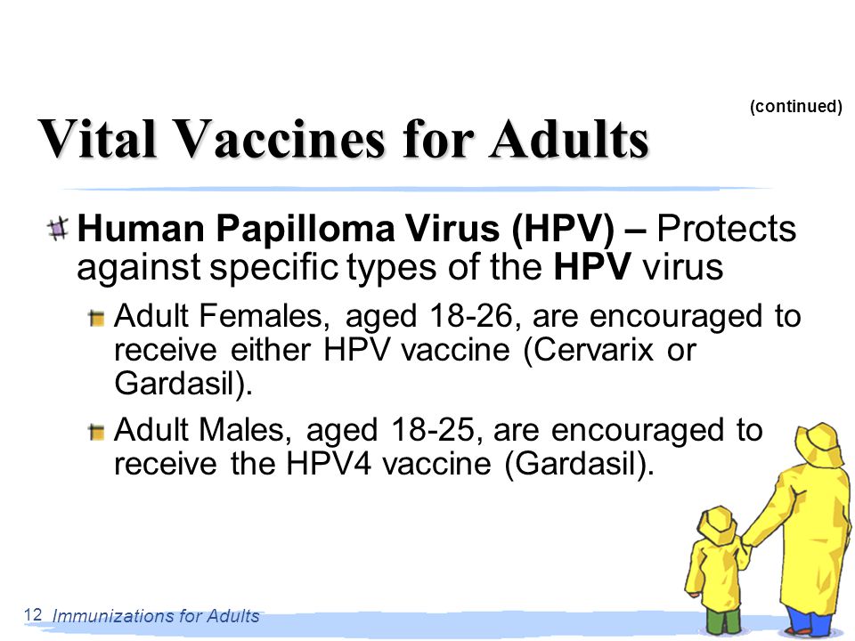 Immunizations for Adults 12 Vital Vaccines for Adults Human Papilloma Virus (HPV) – Protects against specific types of the HPV virus Adult Females, aged 18-26, are encouraged to receive either HPV vaccine (Cervarix or Gardasil).
