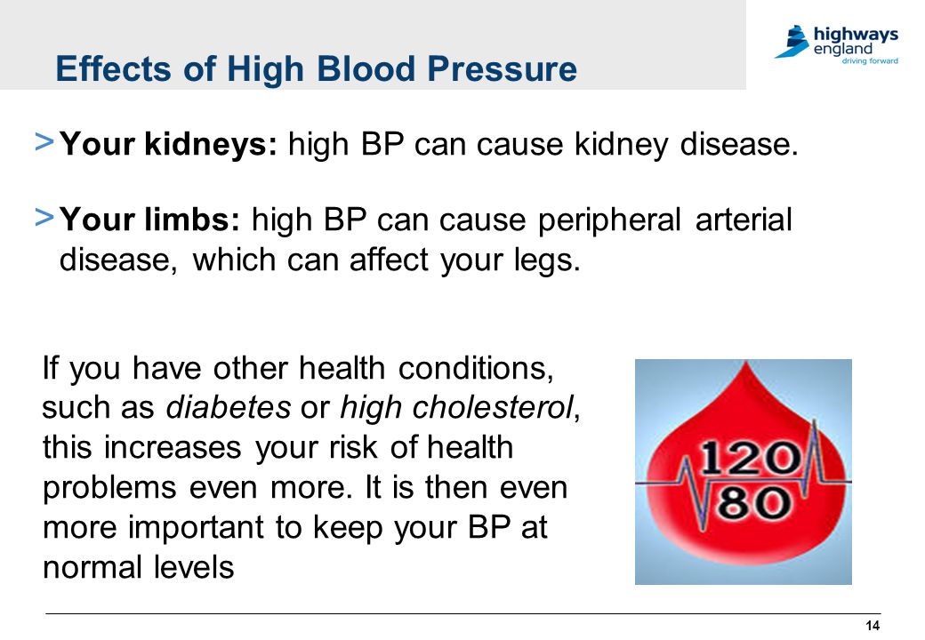 Effects of High Blood Pressure > Your kidneys: high BP can cause kidney disease.