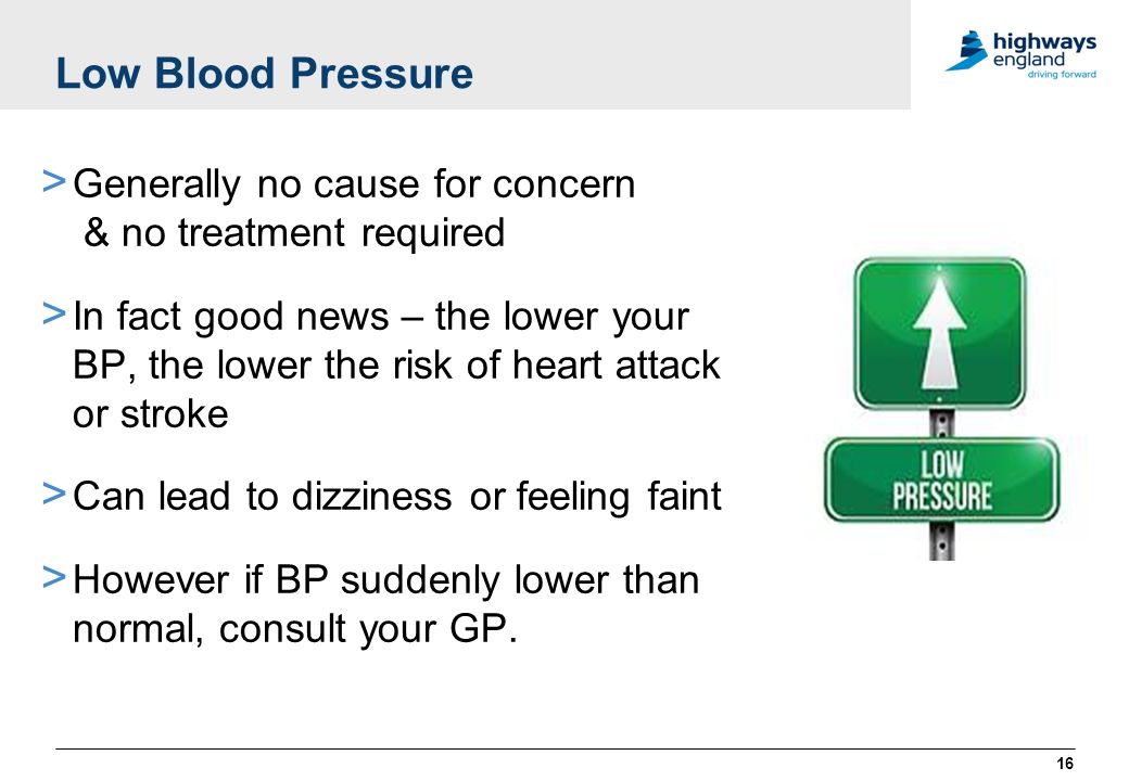 Low Blood Pressure > Generally no cause for concern & no treatment required > In fact good news – the lower your BP, the lower the risk of heart attack or stroke > Can lead to dizziness or feeling faint > However if BP suddenly lower than normal, consult your GP.
