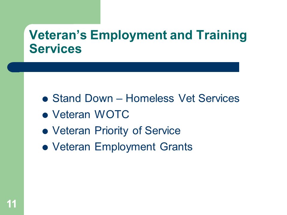 11 Veteran’s Employment and Training Services  Stand Down – Homeless Vet Services  Veteran WOTC  Veteran Priority of Service  Veteran Employment Grants