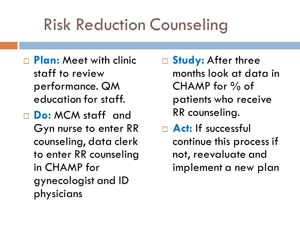 Risk Reduction Counseling  Plan: Meet with clinic staff to review performance.