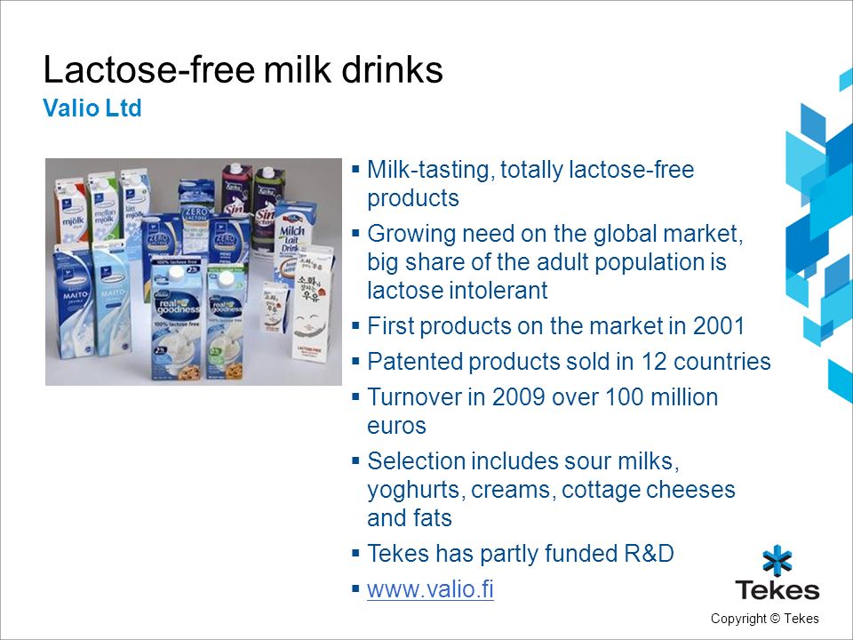 Copyright © Tekes Lactose-free milk drinks  Milk-tasting, totally lactose-free products  Growing need on the global market, big share of the adult population is lactose intolerant  First products on the market in 2001  Patented products sold in 12 countries  Turnover in 2009 over 100 million euros  Selection includes sour milks, yoghurts, creams, cottage cheeses and fats  Tekes has partly funded R&D      Valio Ltd