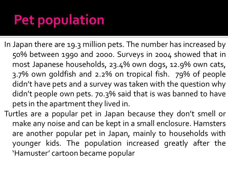 In Japan there are 19.3 million pets. The number has increased by 50% between 1990 and