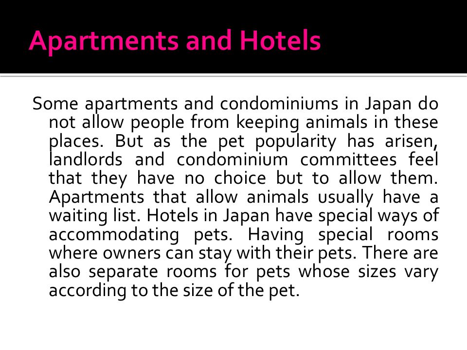 Some apartments and condominiums in Japan do not allow people from keeping animals in these places.