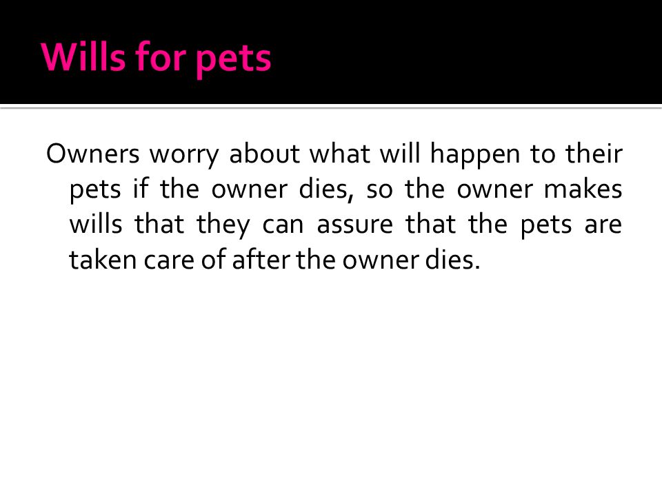Owners worry about what will happen to their pets if the owner dies, so the owner makes wills that they can assure that the pets are taken care of after the owner dies.