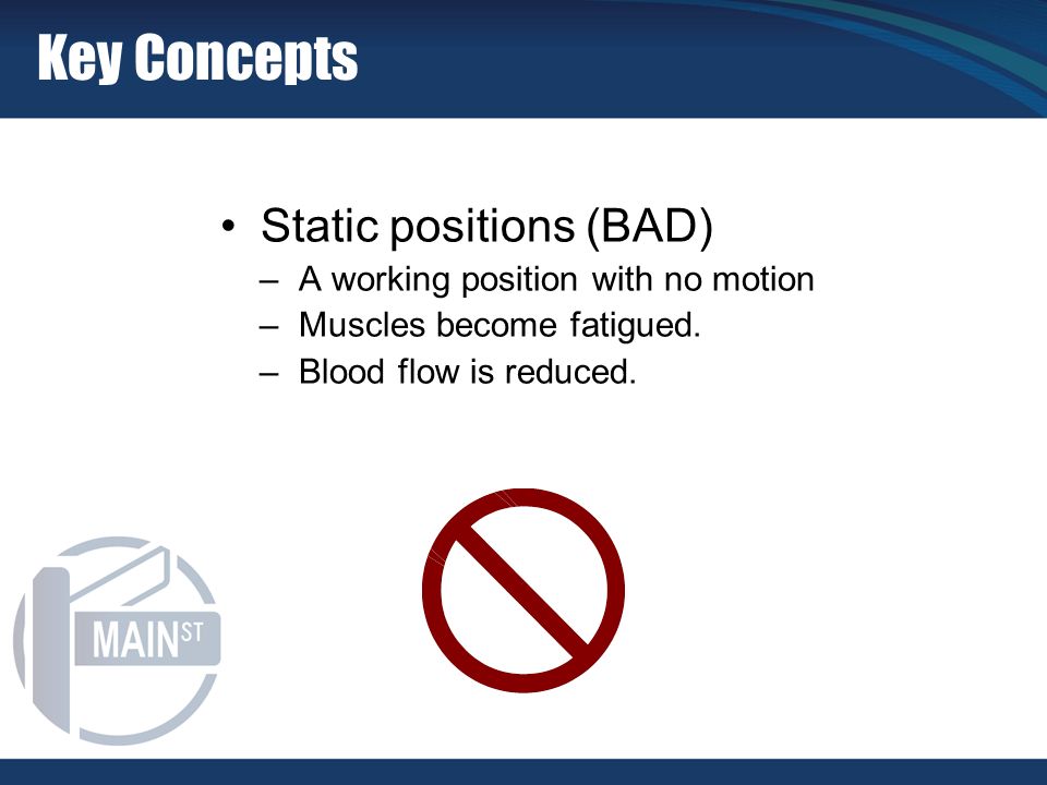 Key Concepts Static positions (BAD) –A working position with no motion –Muscles become fatigued.