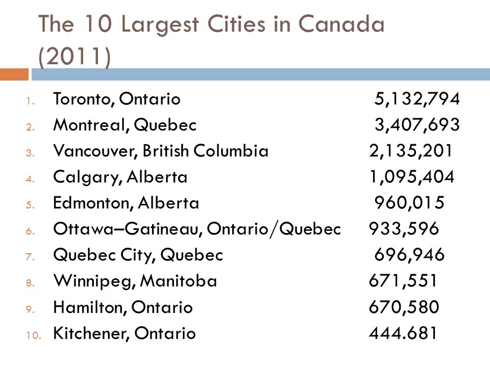 The 10 Largest Cities in Canada (2011) 1. Toronto, Ontario 5,132,