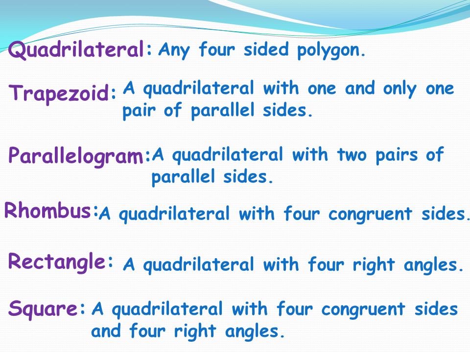 Quadrilateral: Any four sided polygon.