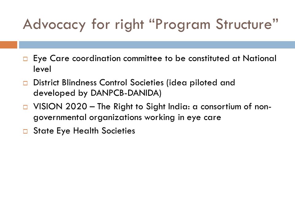 Advocacy for right Program Structure  Eye Care coordination committee to be constituted at National level  District Blindness Control Societies (idea piloted and developed by DANPCB-DANIDA)  VISION 2020 – The Right to Sight India: a consortium of non- governmental organizations working in eye care  State Eye Health Societies