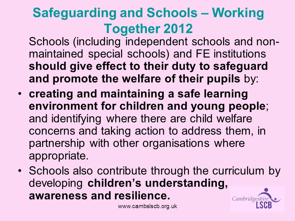 Safeguarding and Schools – Working Together 2012 Schools (including independent schools and non- maintained special schools) and FE institutions should give effect to their duty to safeguard and promote the welfare of their pupils by: creating and maintaining a safe learning environment for children and young people; and identifying where there are child welfare concerns and taking action to address them, in partnership with other organisations where appropriate.