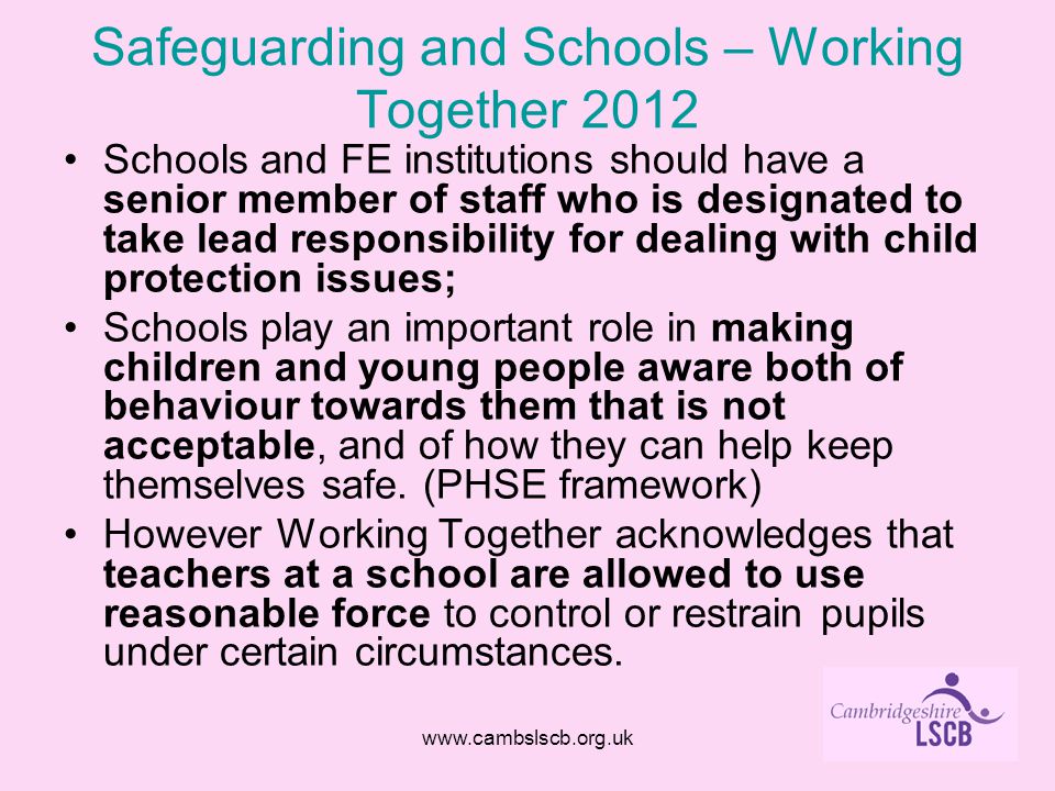 Safeguarding and Schools – Working Together 2012 Schools and FE institutions should have a senior member of staff who is designated to take lead responsibility for dealing with child protection issues; Schools play an important role in making children and young people aware both of behaviour towards them that is not acceptable, and of how they can help keep themselves safe.