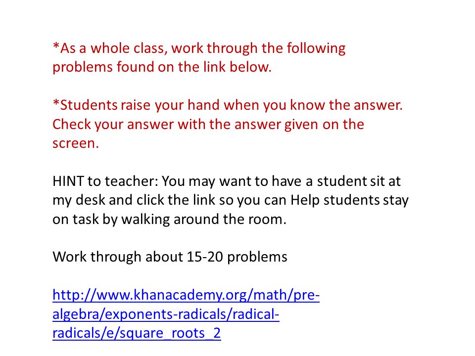 *As a whole class, work through the following problems found on the link below.