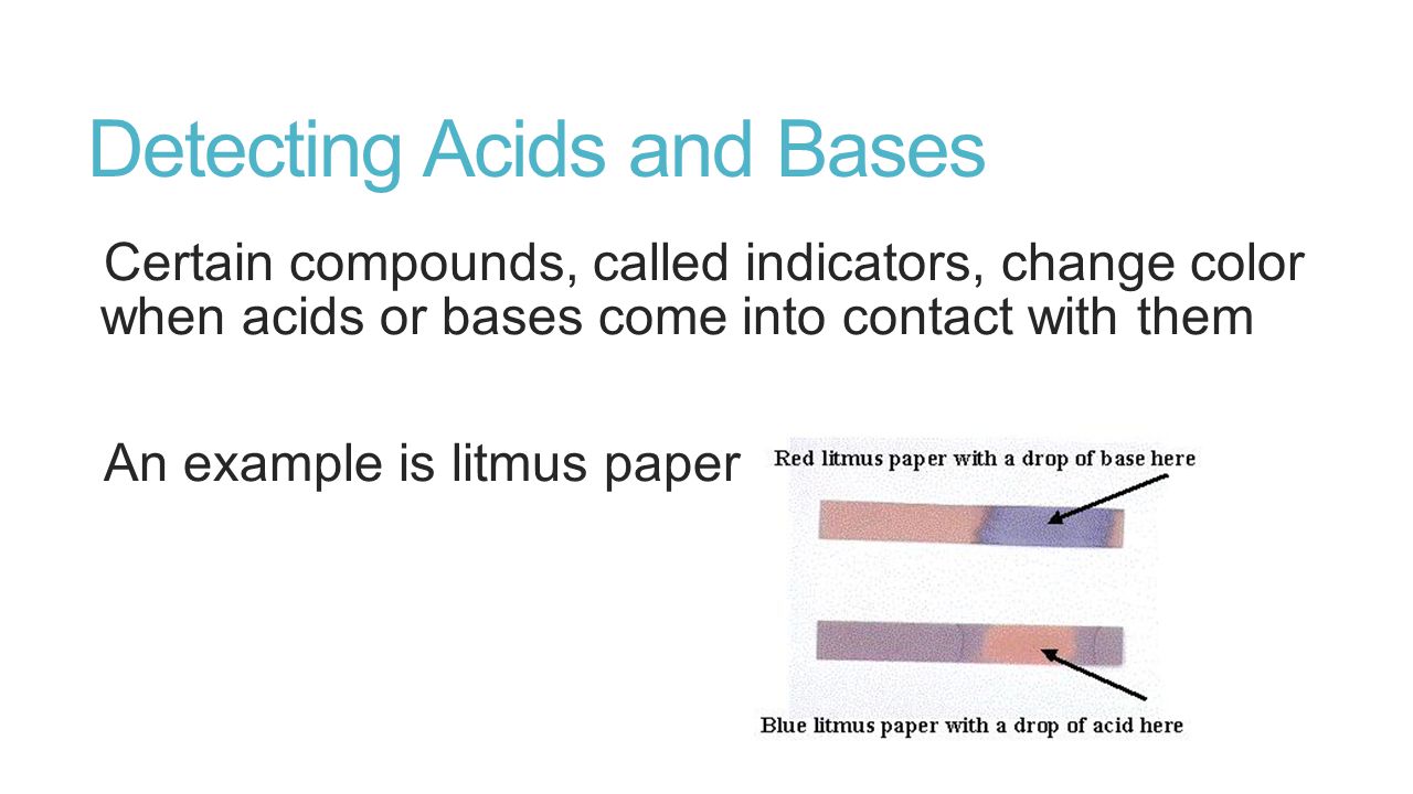 Detecting Acids and Bases Certain compounds, called indicators, change color when acids or bases come into contact with them An example is litmus paper