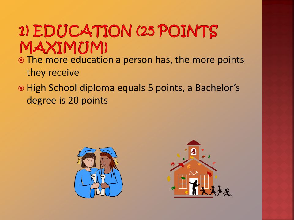  The more education a person has, the more points they receive  High School diploma equals 5 points, a Bachelor’s degree is 20 points