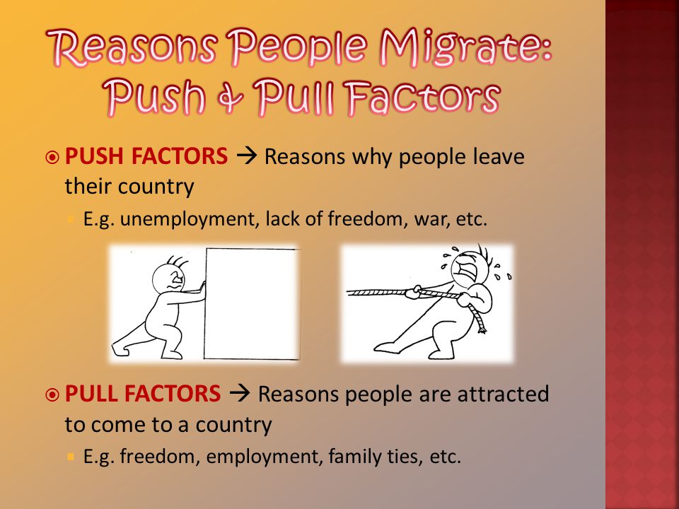  PUSH FACTORS  Reasons why people leave their country  E.g.