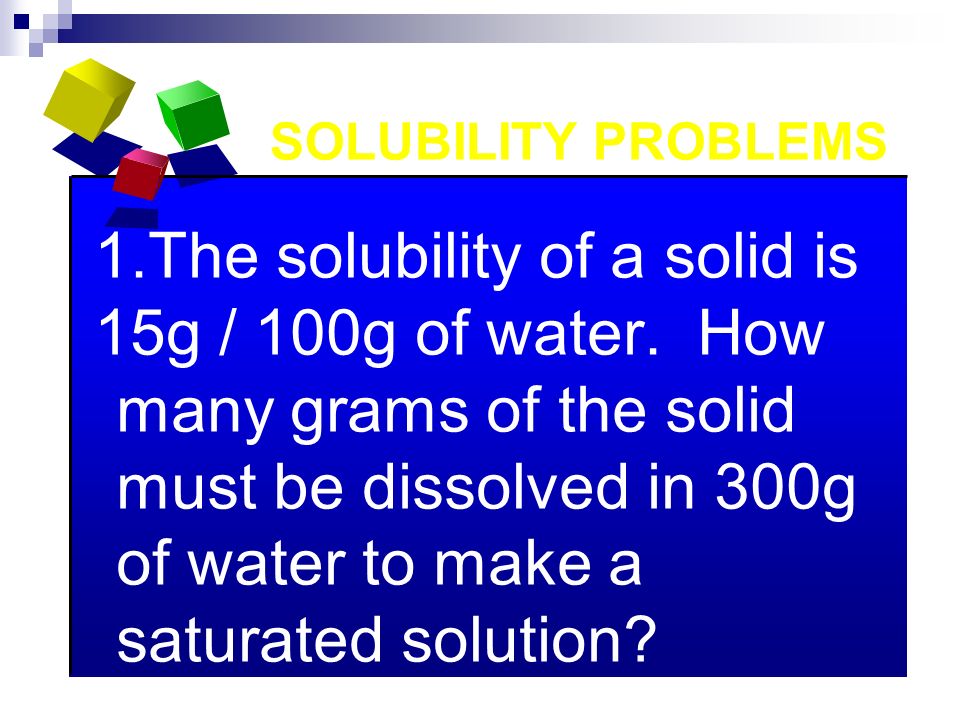 1.The solubility of a solid is 15g / 100g of water.