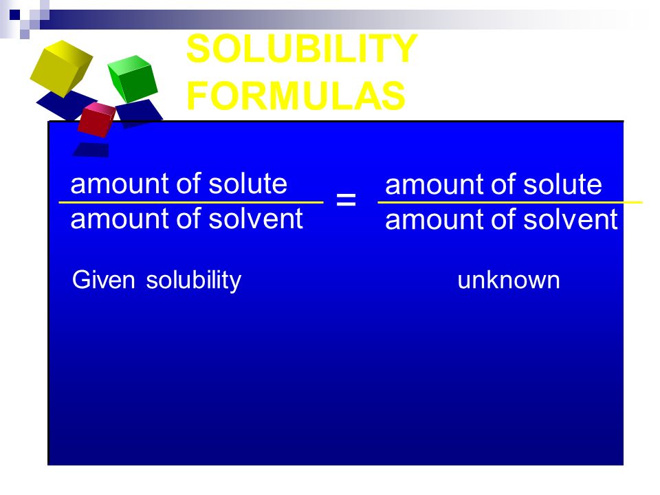 SOLUBILITY FORMULAS amount of solute amount of solvent amount of solute amount of solvent = Given solubility unknown
