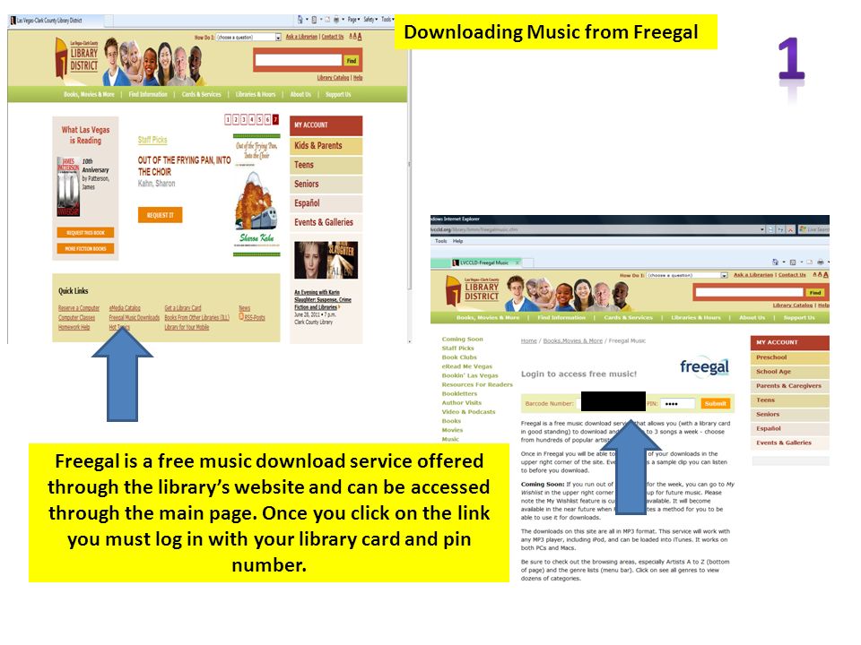 Freegal is a free music download service offered through the library’s website and can be accessed through the main page.