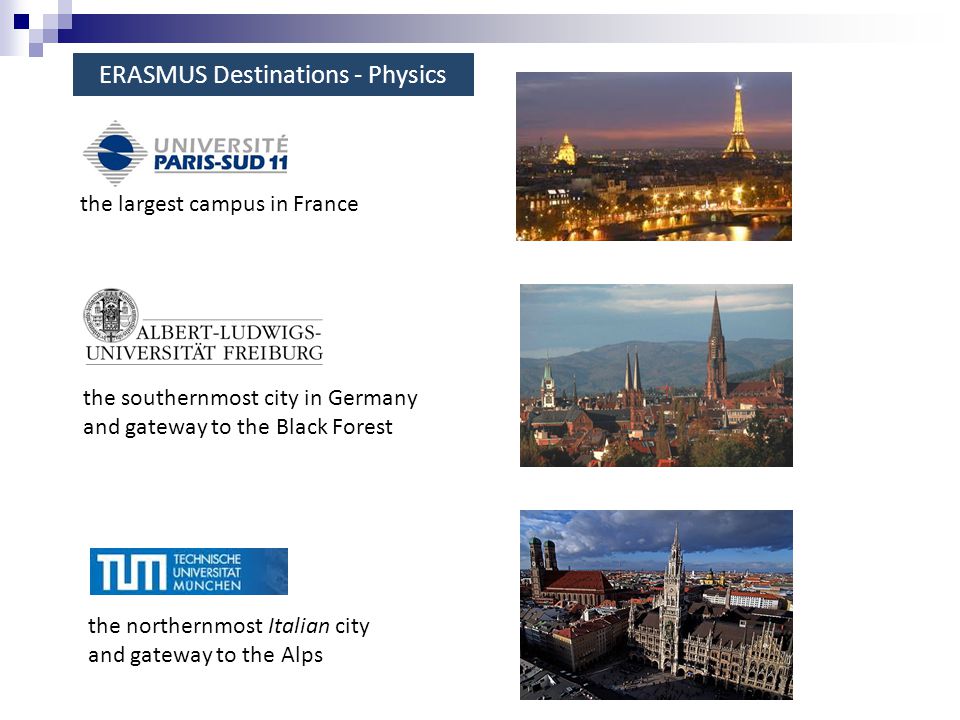the southernmost city in Germany and gateway to the Black Forest the northernmost Italian city and gateway to the Alps the largest campus in France ERASMUS Destinations - Physics