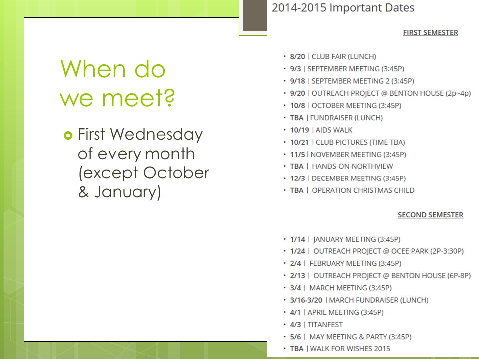 When do we meet  First Wednesday of every month (except October & January)