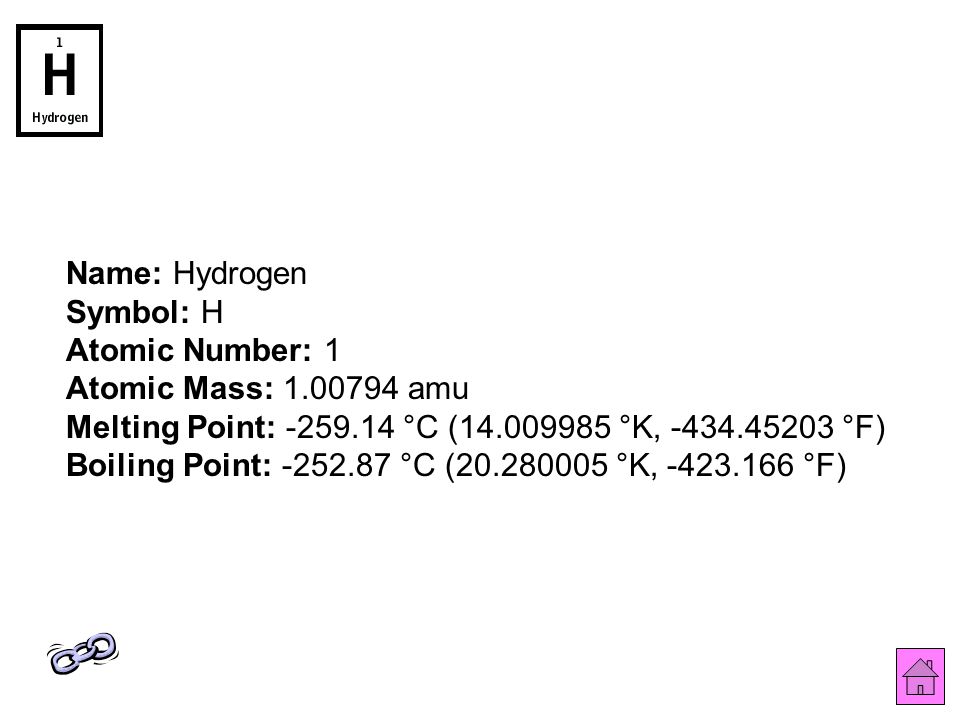 Name: Hydrogen Symbol: H Atomic Number: 1 Atomic Mass: amu Melting Point: °C ( °K, °F) Boiling Point: °C ( °K, °F)