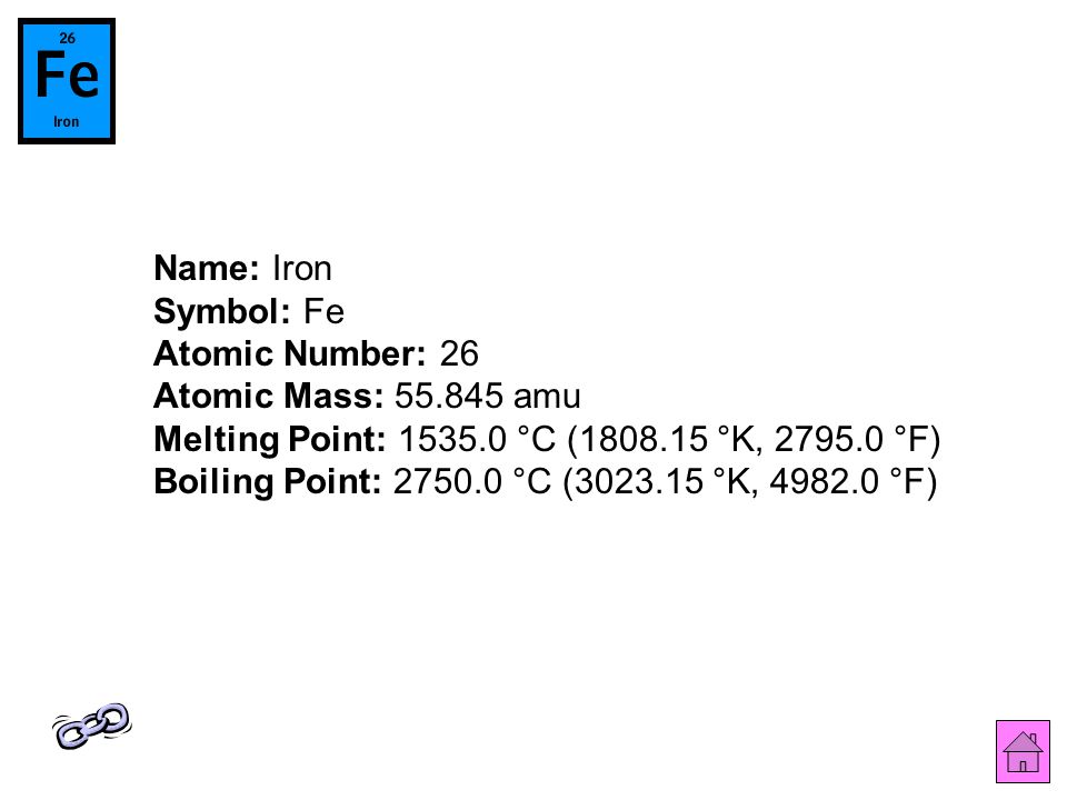 Name: Iron Symbol: Fe Atomic Number: 26 Atomic Mass: amu Melting Point: °C ( °K, °F) Boiling Point: °C ( °K, °F)
