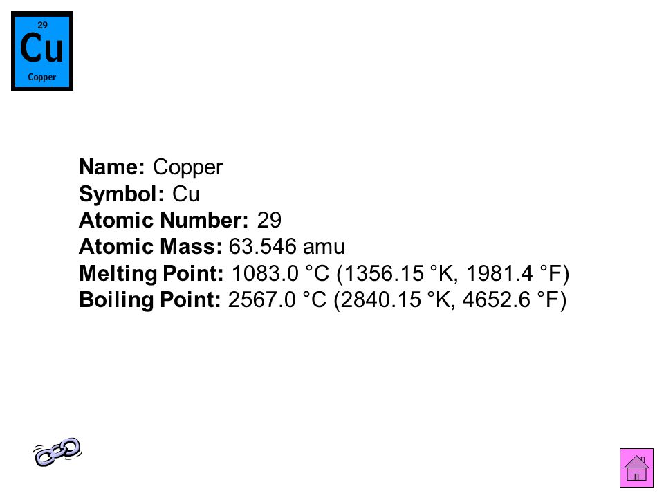 Name: Copper Symbol: Cu Atomic Number: 29 Atomic Mass: amu Melting Point: °C ( °K, °F) Boiling Point: °C ( °K, °F)