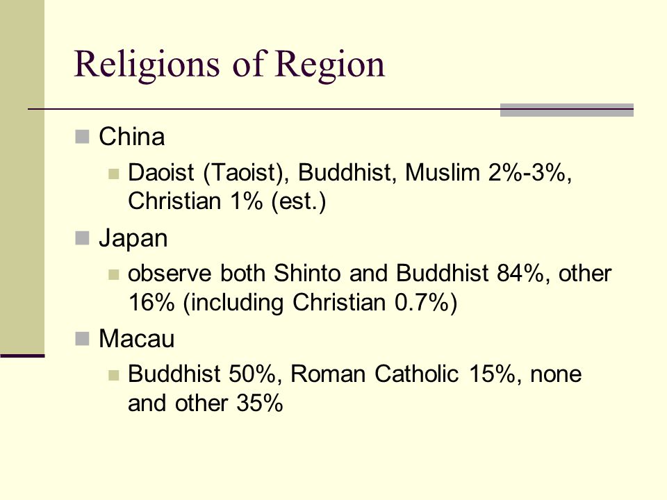 Religions of Region China Daoist (Taoist), Buddhist, Muslim 2%-3%, Christian 1% (est.) Japan observe both Shinto and Buddhist 84%, other 16% (including Christian 0.7%) Macau Buddhist 50%, Roman Catholic 15%, none and other 35%