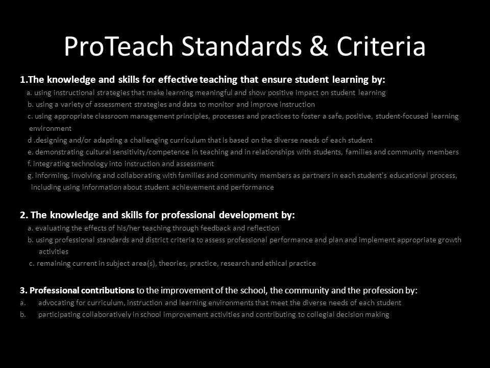 ProTeach Standards & Criteria 1.The knowledge and skills for effective teaching that ensure student learning by: a.