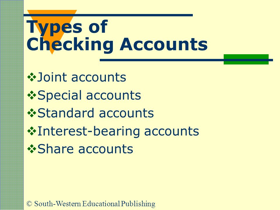 © South-Western Educational Publishing Types of Checking Accounts  Joint accounts  Special accounts  Standard accounts  Interest-bearing accounts  Share accounts