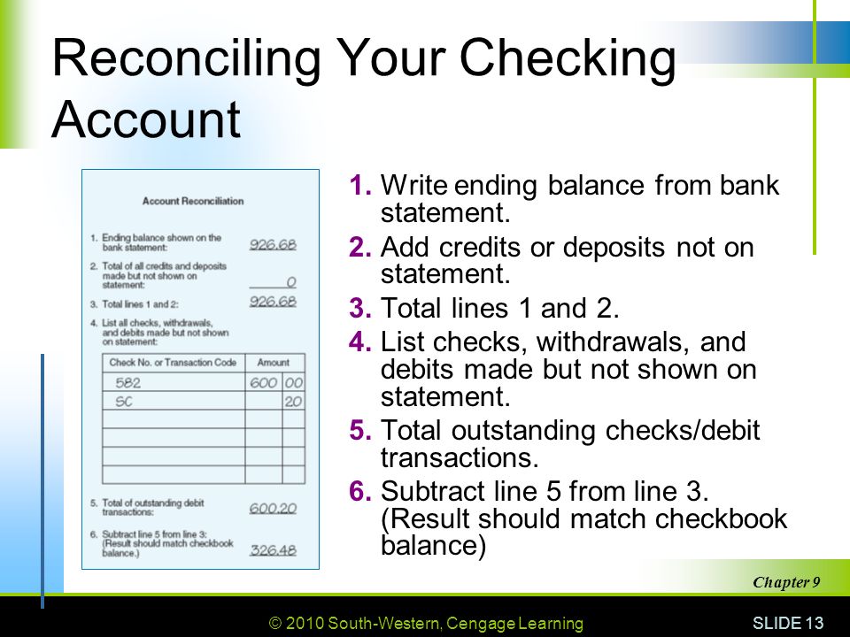 © 2010 South-Western, Cengage Learning SLIDE 13 Chapter 9 Reconciling Your Checking Account 1.Write ending balance from bank statement.