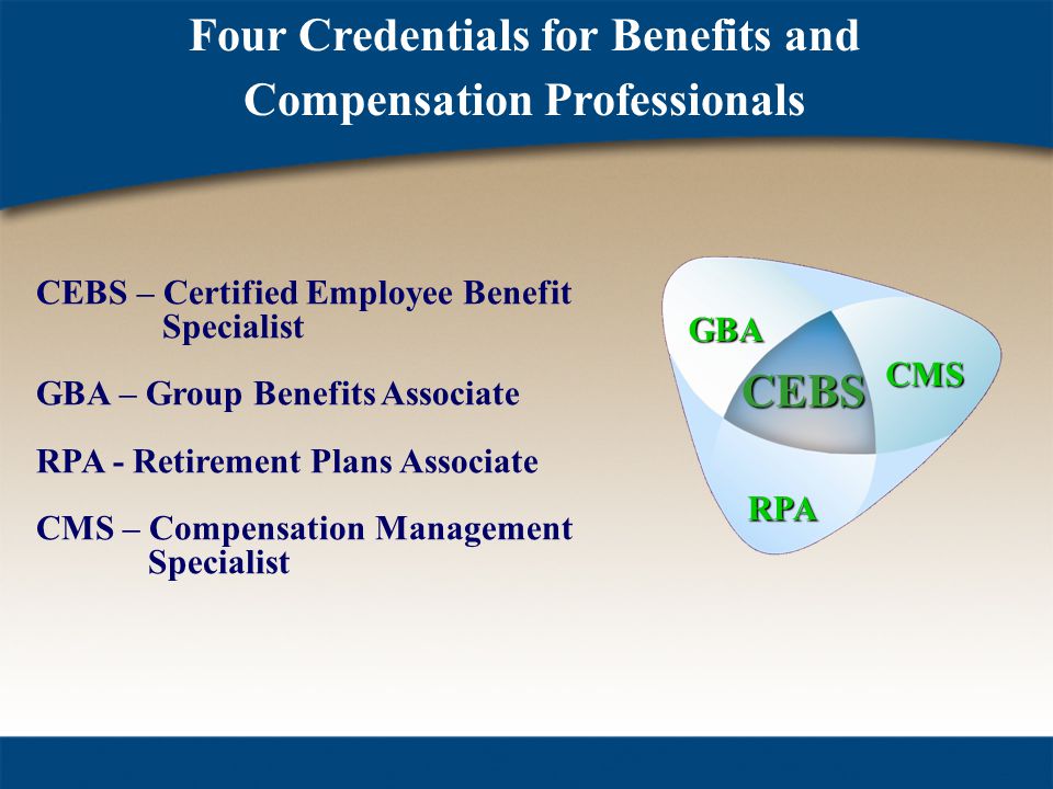CEBS – Certified Employee Benefit Specialist GBA – Group Benefits Associate RPA - Retirement Plans Associate CMS – Compensation Management Specialist Four Credentials for Benefits and Compensation ProfessionalsGBA CMS RPA CEBS