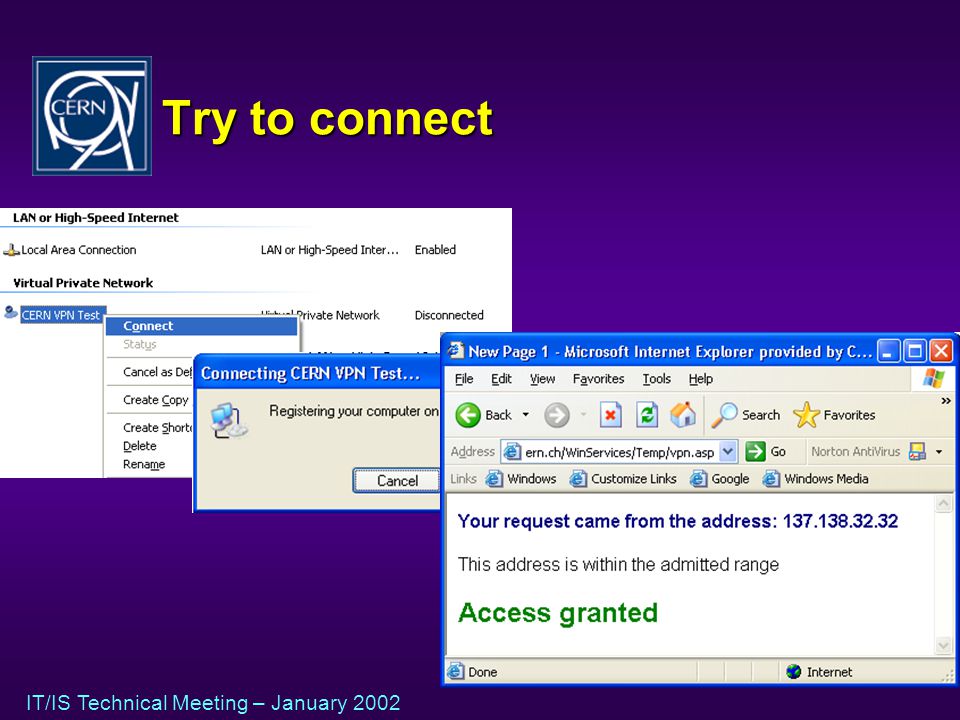 IT/IS Technical Meeting – January 2002 Try to connect