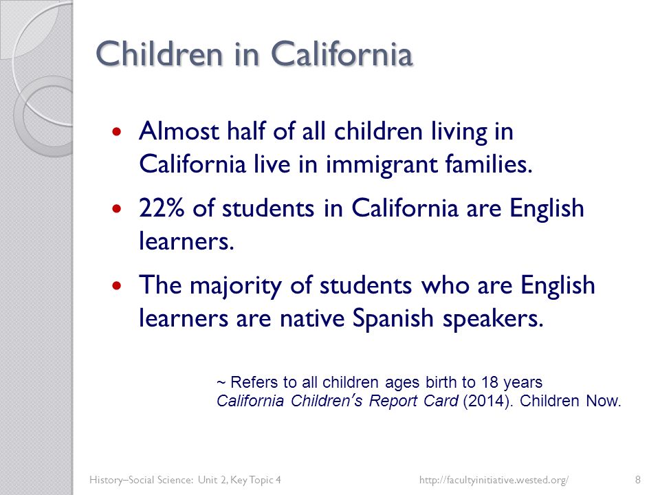 Children in California History–Social Science: Unit 2, Key Topic 4http://facultyinitiative.wested.org/8 Almost half of all children living in California live in immigrant families.