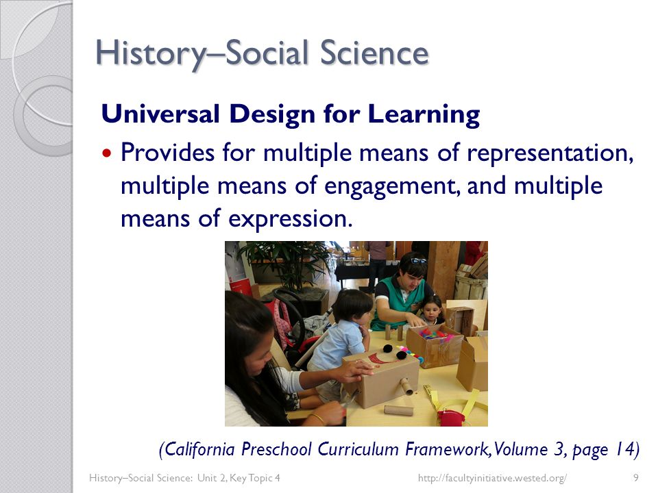 History–Social Science History–Social Science: Unit 2, Key Topic 4http://facultyinitiative.wested.org/9 Universal Design for Learning Provides for multiple means of representation, multiple means of engagement, and multiple means of expression.