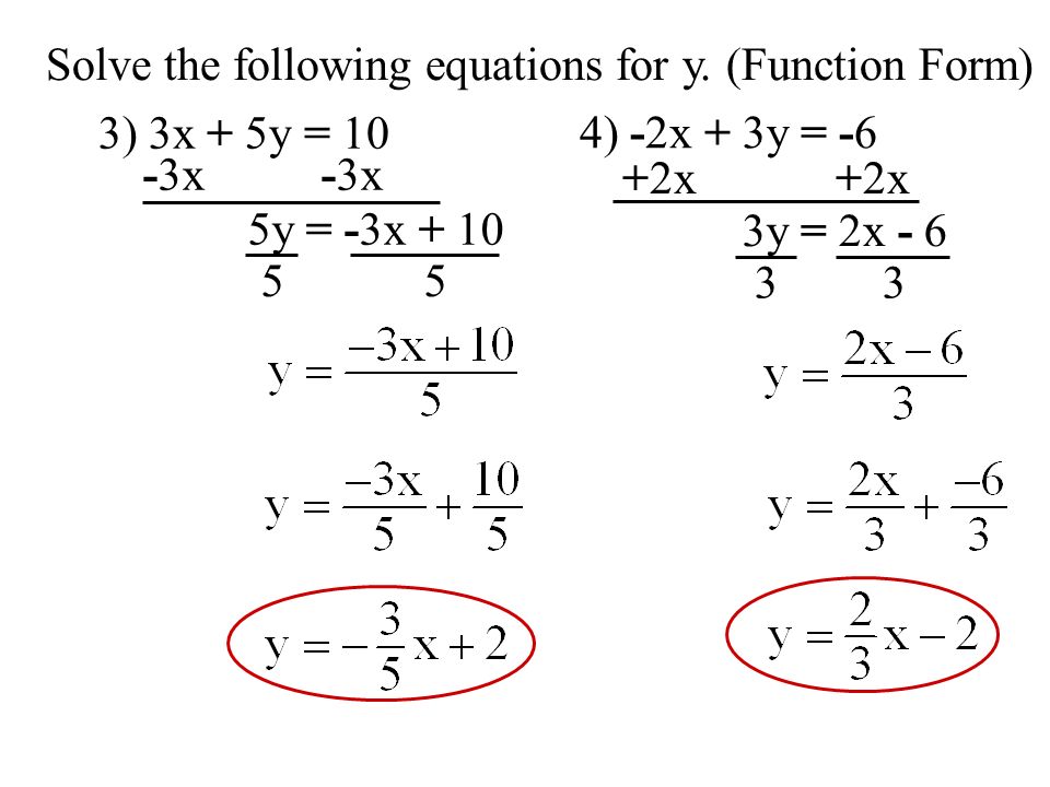 3) 3x + 5y = 10 4) -2x + 3y = -6 -3x 5y = -3x x 3y = 2x Solve the following equations for y.