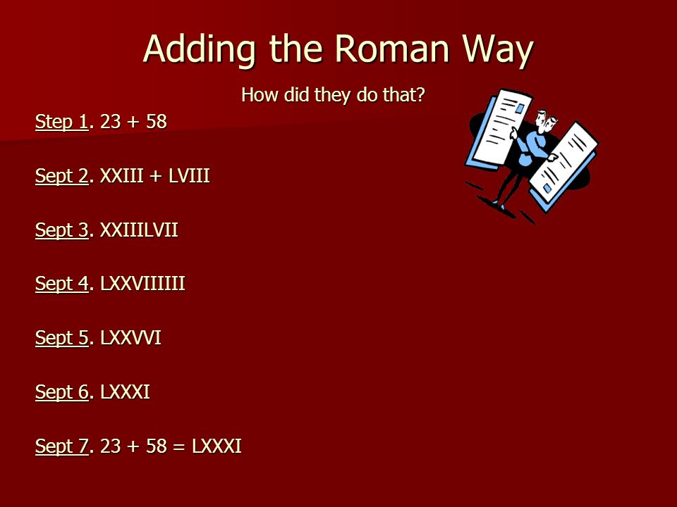 Adding the Roman Way Add = show all your work using Roman Numerals Standard Number Roman Numeral 1I 5V 10X 50L 100C 500D 1000M