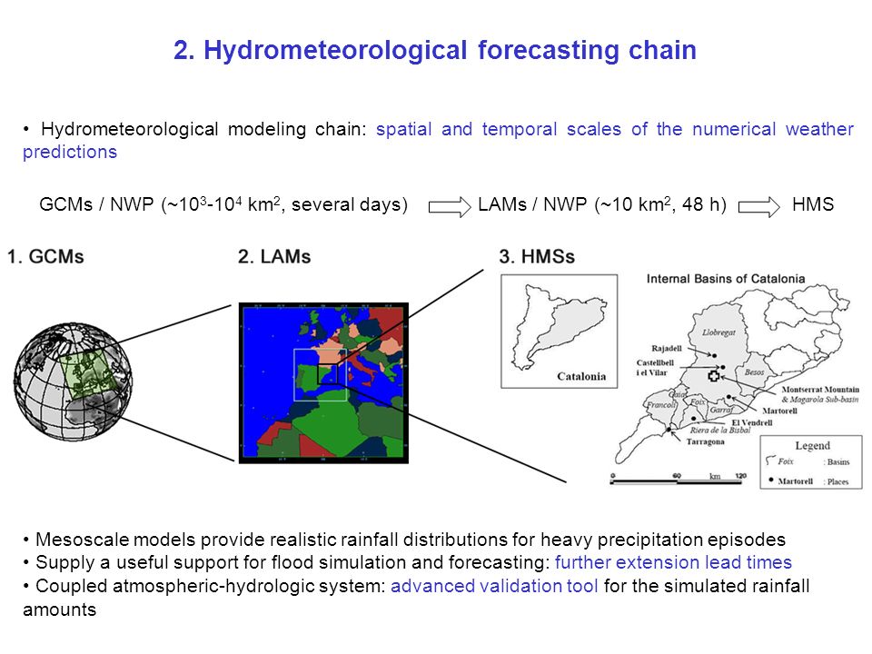 Hydrometeorological modeling chain: spatial and temporal scales of the numerical weather predictions GCMs / NWP (~ km 2, several days) LAMs / NWP (~10 km 2, 48 h) HMS Mesoscale models provide realistic rainfall distributions for heavy precipitation episodes Supply a useful support for flood simulation and forecasting: further extension lead times Coupled atmospheric-hydrologic system: advanced validation tool for the simulated rainfall amounts 2.