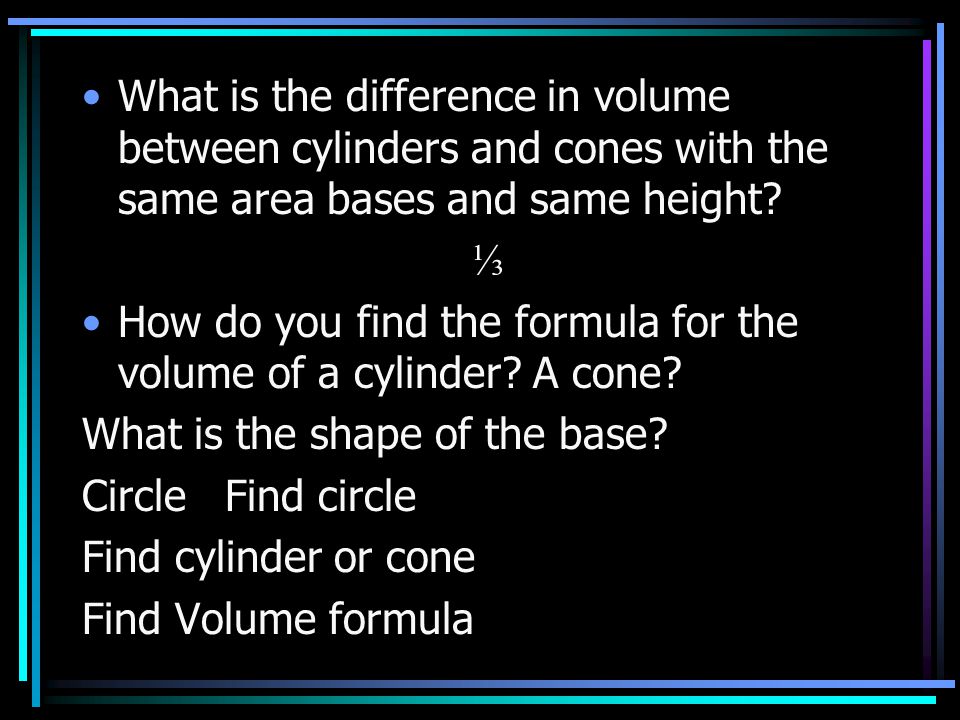 What is the difference in volume between cylinders and cones with the same area bases and same height.