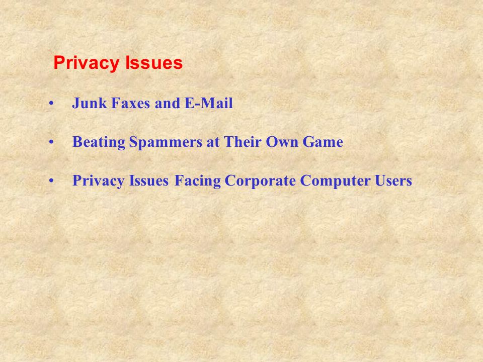 Junk Faxes and  Beating Spammers at Their Own Game Privacy Issues Facing Corporate Computer Users Privacy Issues